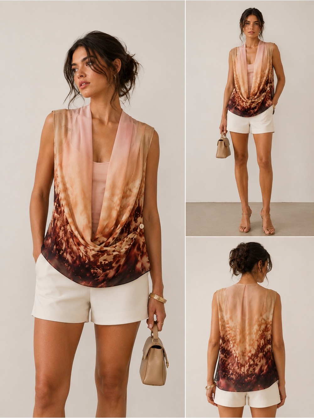 Ted Baker Pink and Brown Ombre Sheer Drape Neck Tunic Blouse with tank
